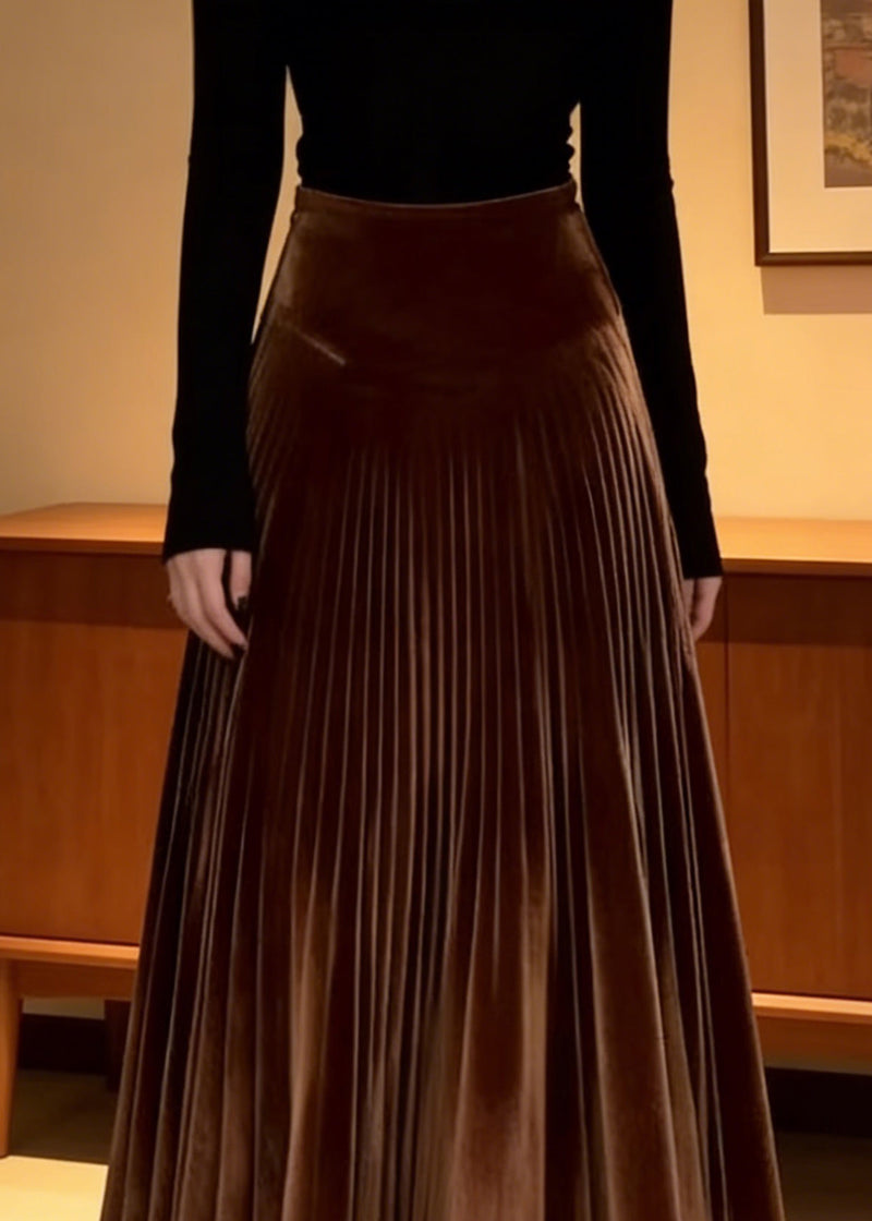 Coffee Elastic Waist Silk Velvet Maxi Skirts Spring