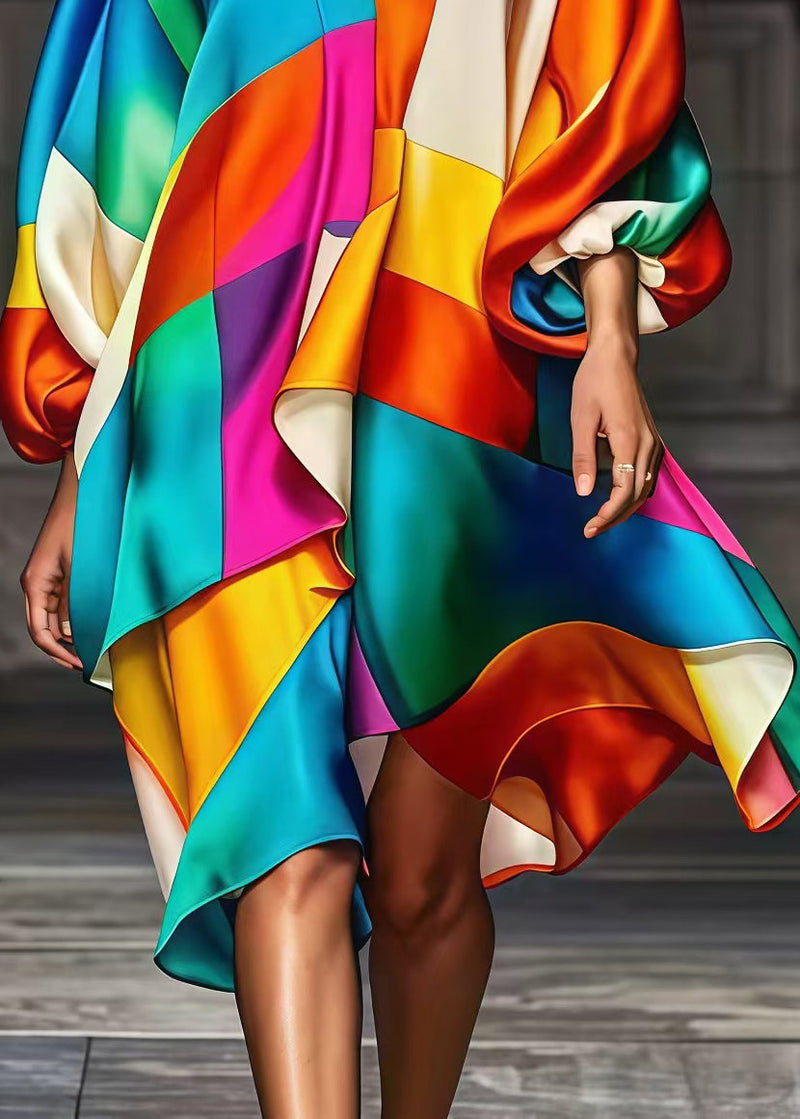 Rainbow Asymmetrical Patchwork Silk Party Dress Spring