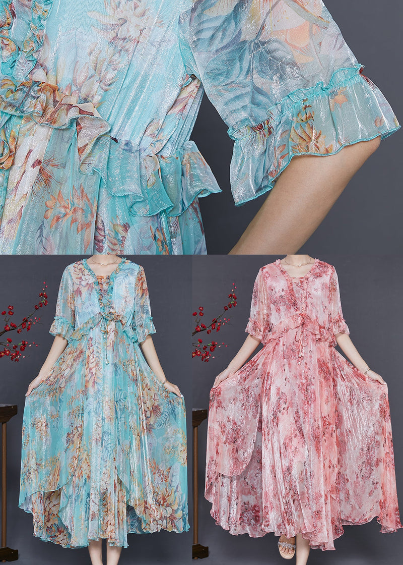 Blue Ruffled Print Silk Ankle Dress Summer