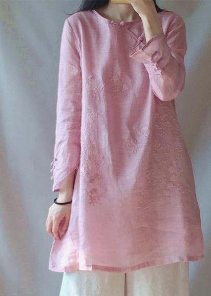 Classy O Neck Chinese Button Clothes for Shape Pink Embroidery Shirt