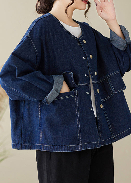 Blue O Neck Button Denim Coats Spring