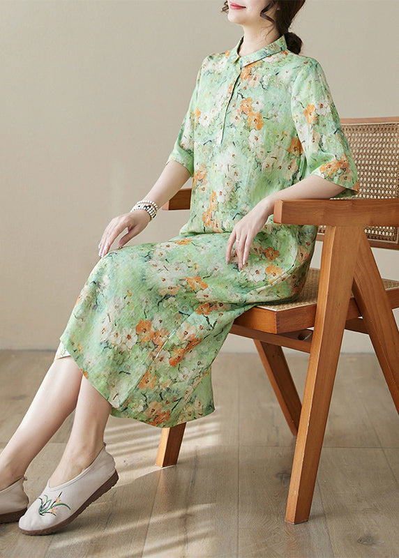 Green Peter Pan Collar Print Cotton Long Dresses Summer
