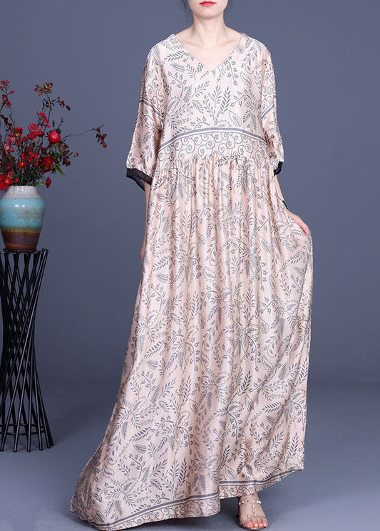 Pink V Neck Silk Maxi Dress Half Sleeve
