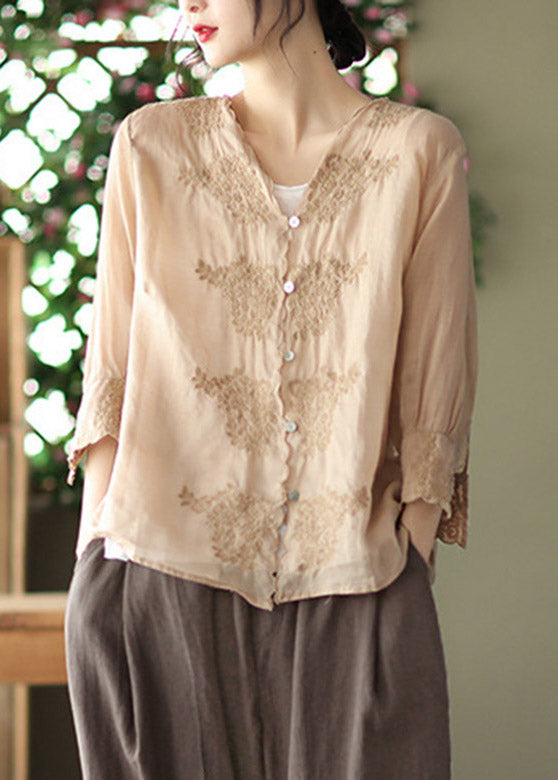 Khaki V Neck Embroideried Linen Shirt Long Sleeve