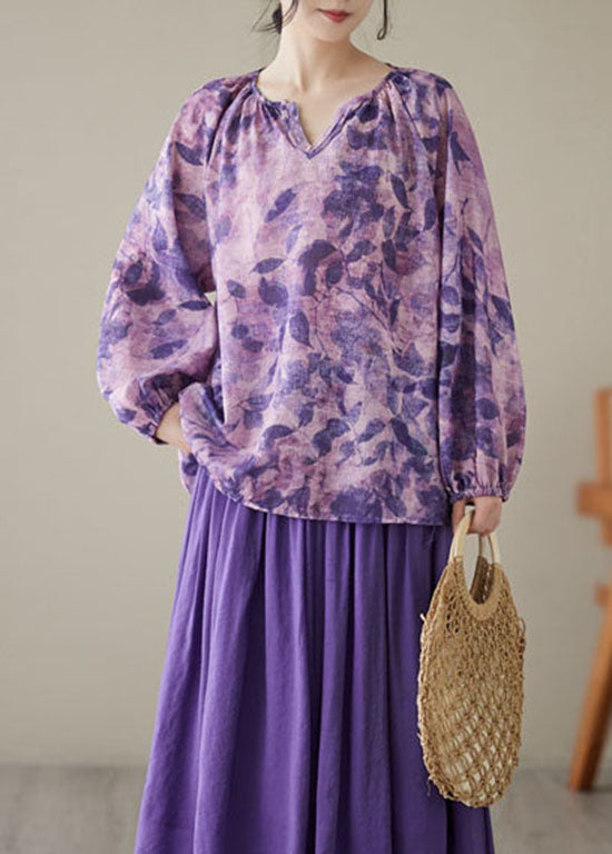 Purple Print Wrinkled Patchwork Linen Tops Long Sleeve