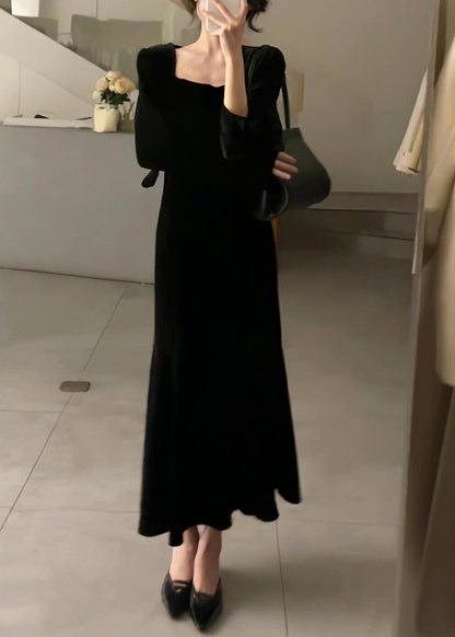 Slim Fit Black Square Collar Silk Velour Long Dresses Long Sleeve