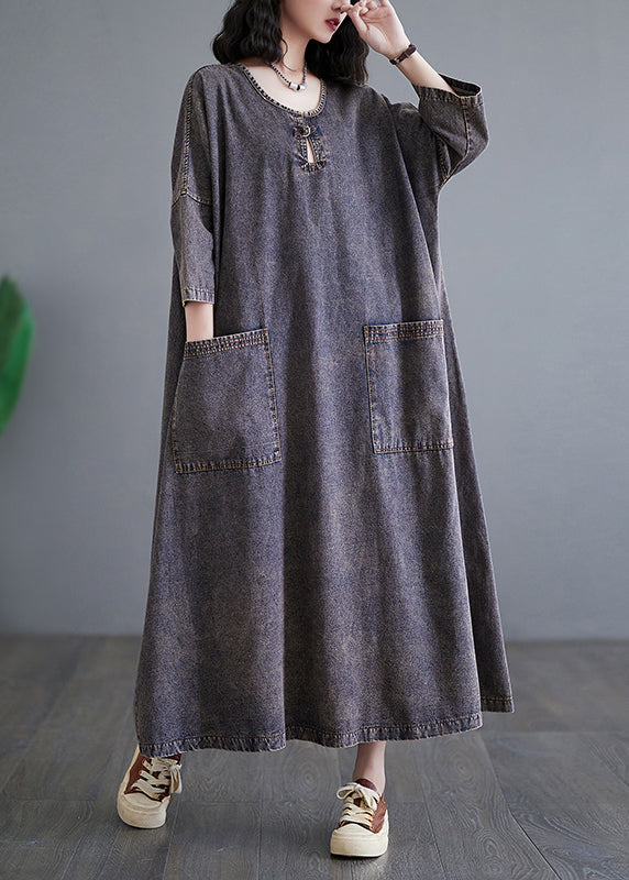 Deep Purple O Neck Pockets Denim Long Dress Bracelet Sleeve