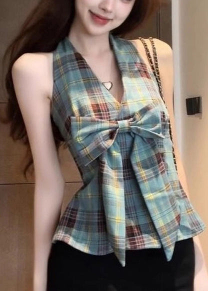 Green Backless Plaid Halter Vests Summer