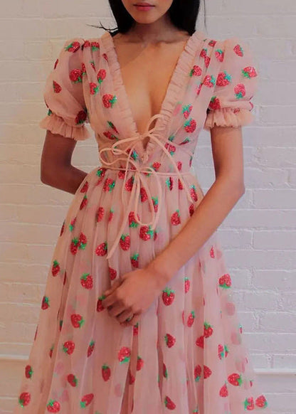 Pink V Neck Ruffled Lace Up Tulle Maxi Dresses Summer