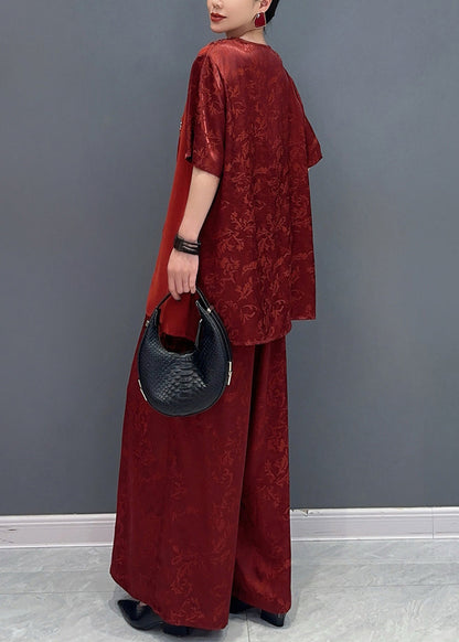 Jacquard Red Asymmetrical Patchwork Tassel Silk Top and Wide Leg Pants Two Pieces Set Short Sleeve
