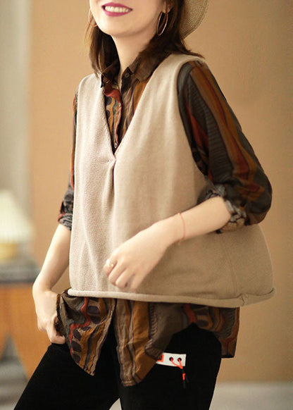 Beige Loose V Neck Fall Sleeveless Waistcoat