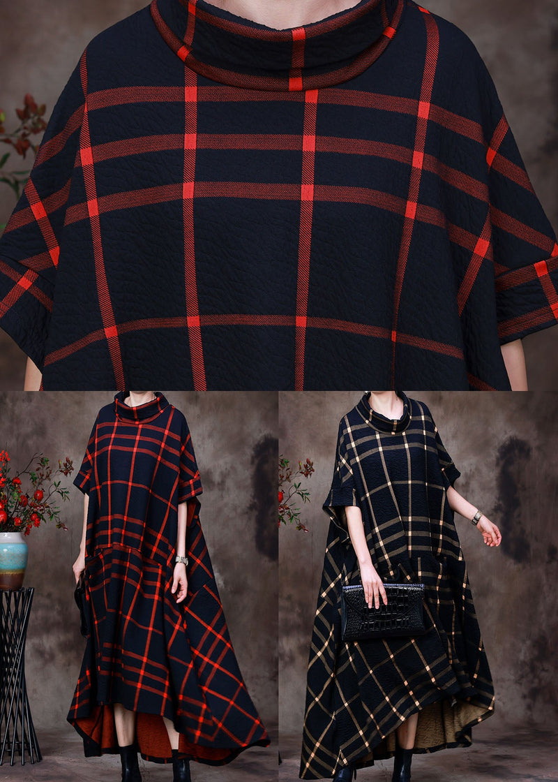 Orange Stand Collar Plaid Cotton Holiday Dress Short Sleeve