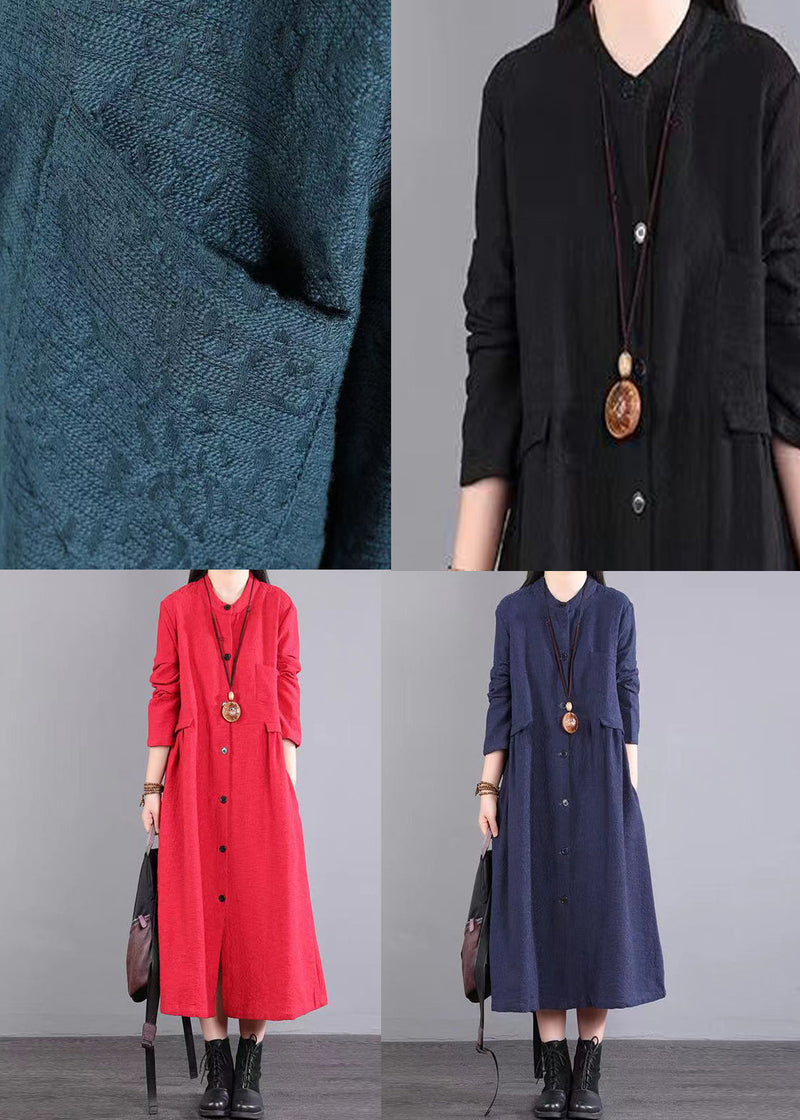 Red Stand Collar Pockets Patchwork Cotton Long Dresses Fall