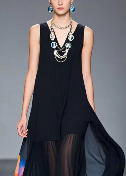 Art Black V Neck Tie Dye Chiffon a Line Dresses Summer
