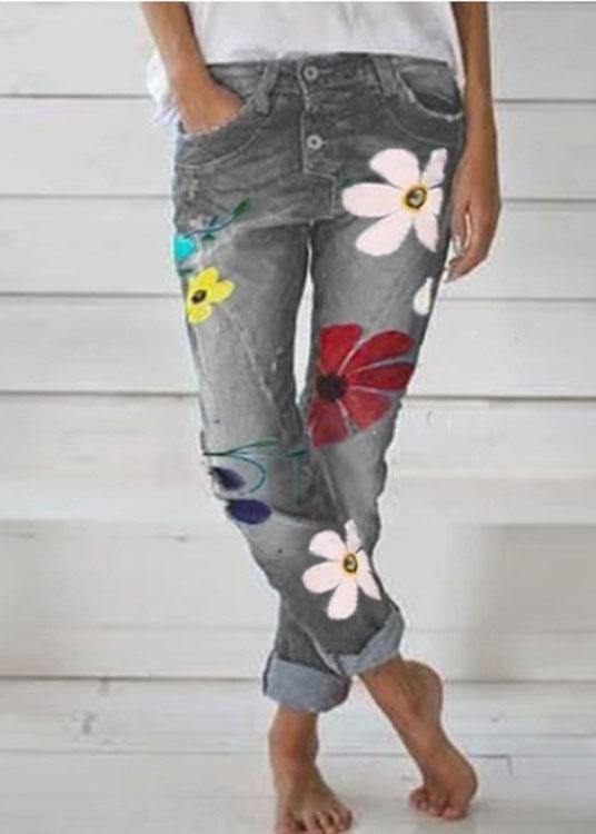 Flower Print Button Denim Long Jeans for