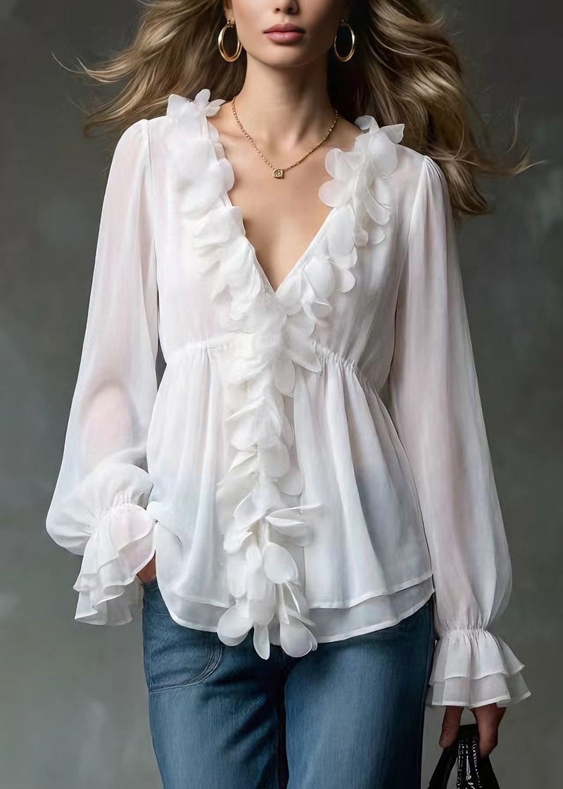 White V Neck Petal Chiffon Shirts Spring