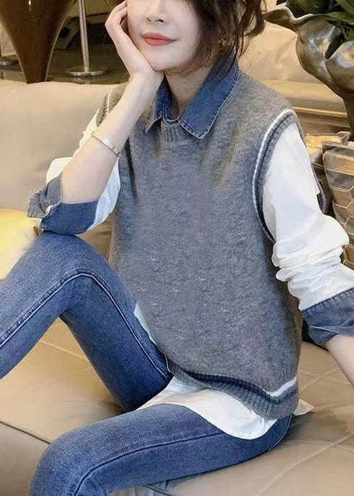 Grey Denim Patchwork Shirt and Vest Autumn New Two-piece Set