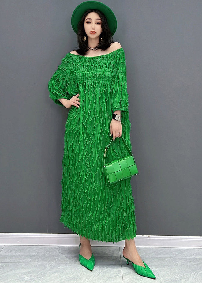 Unique Green O-neck Wrinkled Silk Dresses Half Sleeve