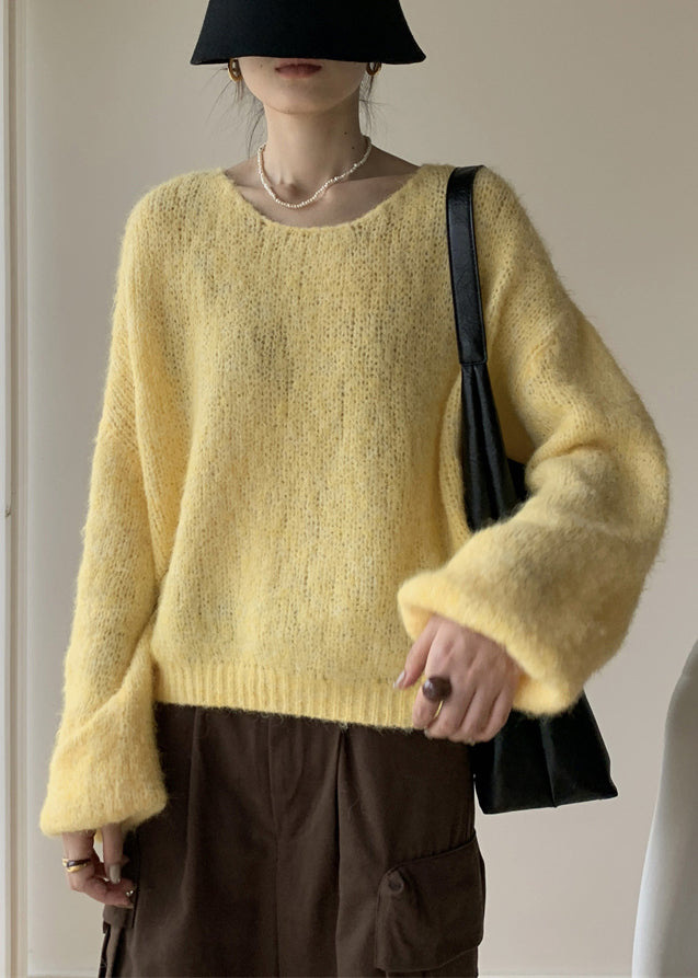 Yellow Cotton Knit Pullover Sweater V Neck Winter