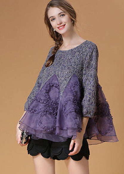 Purple Ruffled Patchwork Organza Shirt Top Bracelet Sleeve