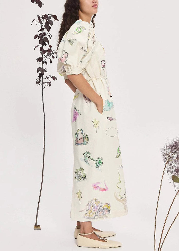 Apricot Print Lace Up Pockets Linen Long Dress Lantern Sleeve