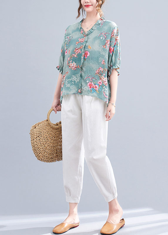 Blue V Neck Ruffled Print Cotton Tops and Harem Pants Two Pieces Set Summer