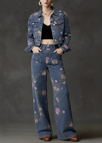 French Peter Pan Collar Print Pockets Denim Two Piece Suit Set Spring