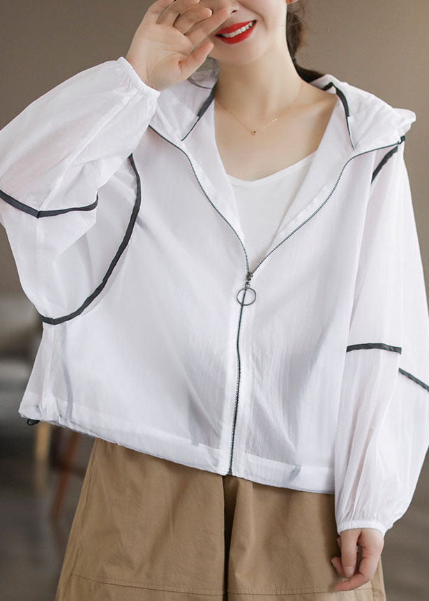 Style White Hooded Zippered Cotton Upf 50+ Coat Jacket Long Sleeve