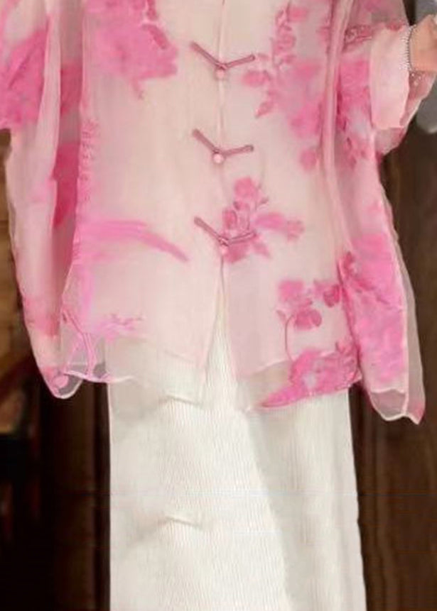 Pink Button Print Silk Cotton Blouse Batwing Sleeve
