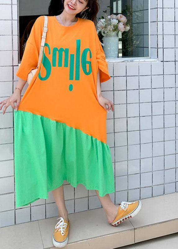 Orange Patchwork Green Loose Graphic Summer Half Sleeve Long Dress
