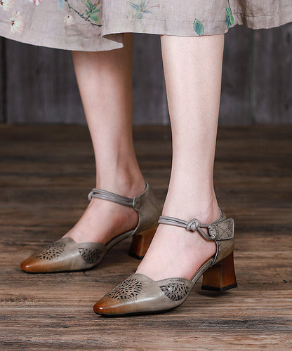 Coffee Splicing Hollow Out Lace Up Chunky Cowhide Leather Sandals