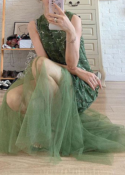 Green O-neck Patchwork Tulle Vacation Maxi Dresses Sleeveless
