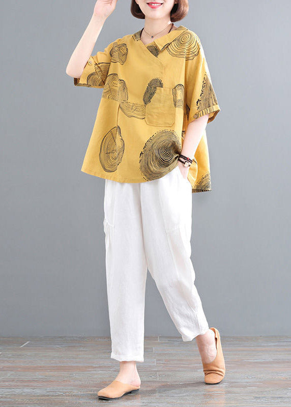 Retro Yellow O-neck Print Top and Crop Pants Two Pieces Set Summer