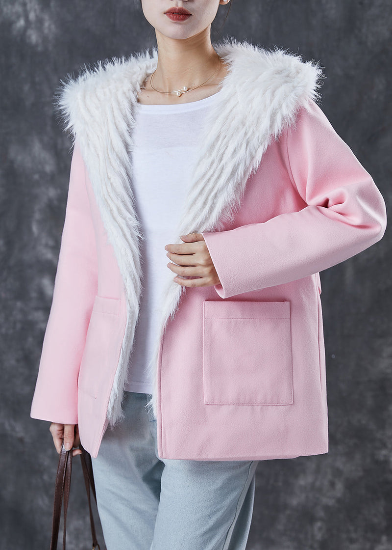 Pink Hooded Pockets Fuzzy Fox Lined Woolen Coat Winter