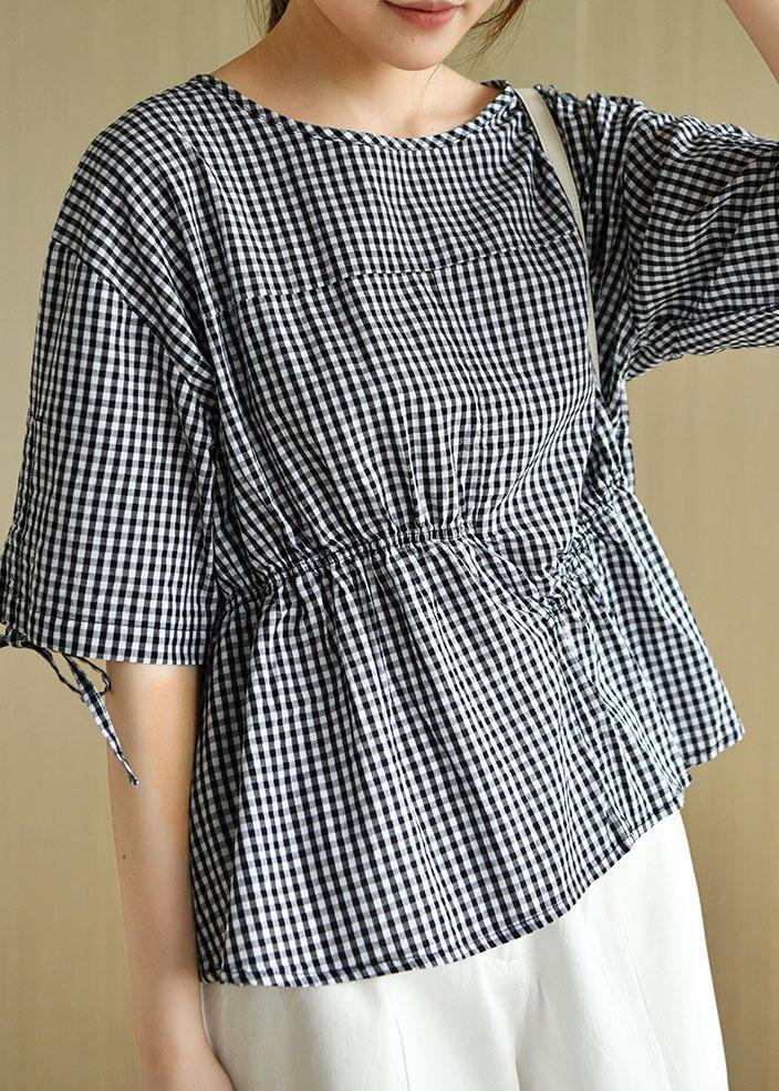 Stylish Black Plaid O-neck Asymmetrical Design Summer Tops Half Sleeve