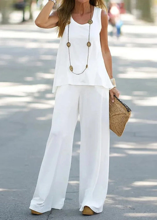 Loose White Hollow Out Cotton Two Pieces Set Sleeveless