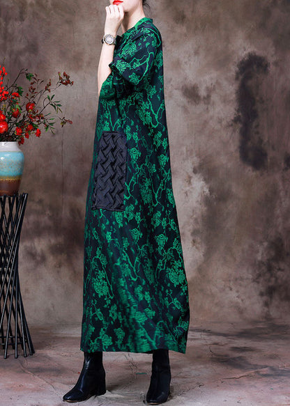 Green Stand Collar Jacquard Patchwork Silk Long Dress Long Sleeve