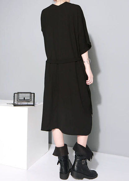 Black Tie Waist V Neck Dress Half Sleeve