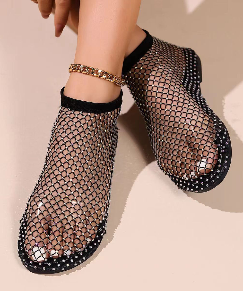 Black Hollow Out Zircon Flat Sandals Breathable Mesh