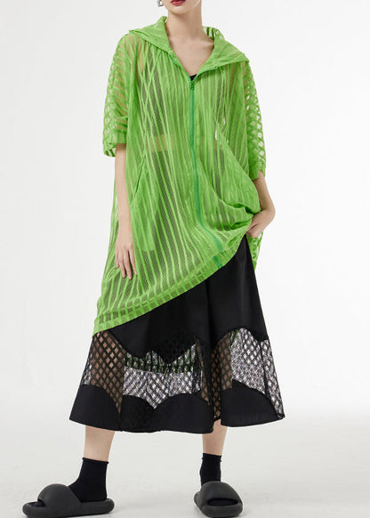 Green Hooded Hollow Out Patchwork Tulle Upf 50+ Coat Half Sleeve