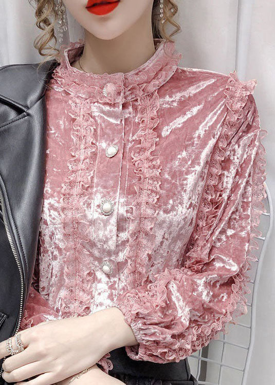 Pink Lace Patchwork Velour Blouses Stand Collar Button Long Sleeve