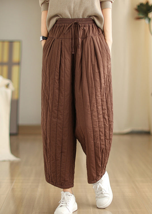 Coffee Cinched Pockets Patchwork Fine Cotton Filled Pants Winter