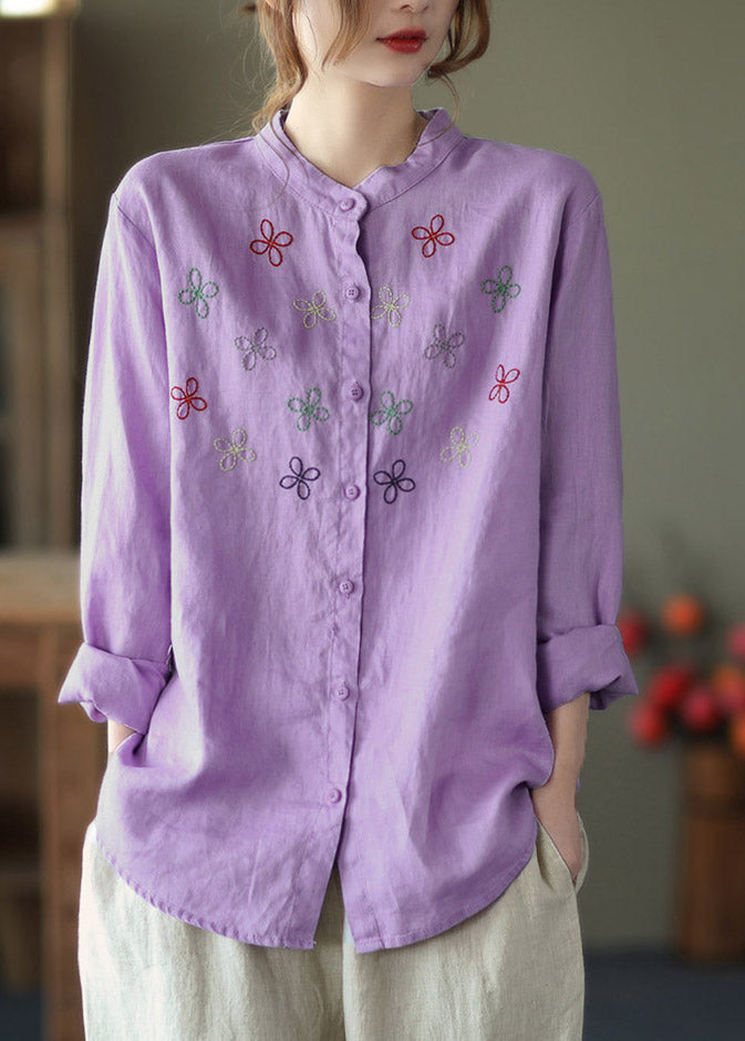 Purple Stand Collar Embroideried Linen Shirt Long Sleeve