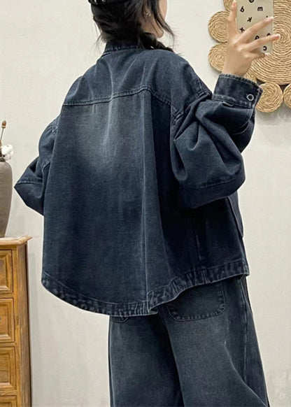 Modern Blue Button Pockets Patchwork Denim Coat Spring