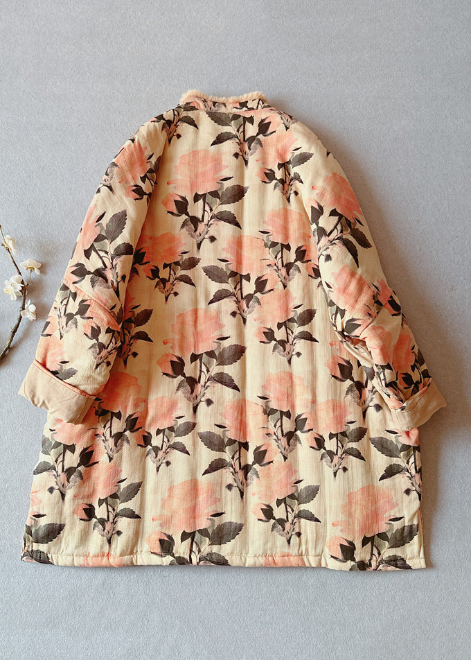 Black Print Pockets Fur Collar Patchwork Fine Cotton Filled Coat Winter