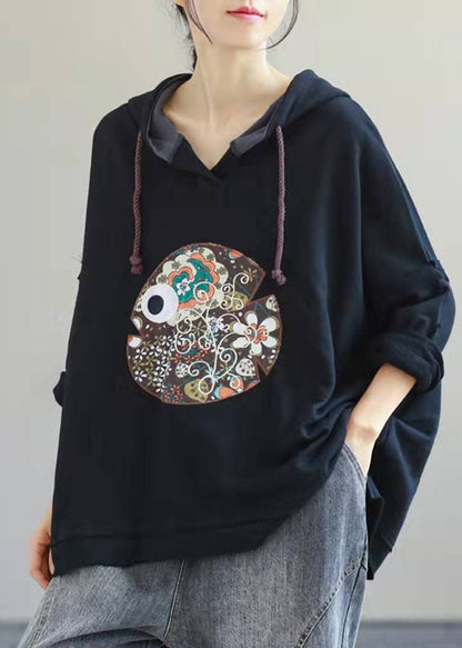 Navy Hooded Drawstring Embroideried Fall Side Open Sweatshirts Top