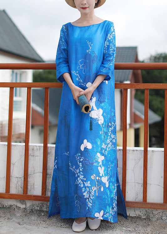 Blue Print Side Open Linen Dresses Bracelet Sleeve