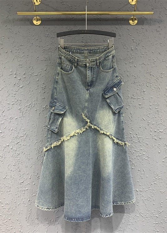 Light Blue Tasseled Pockets Patchwork Denim Skirt Spring