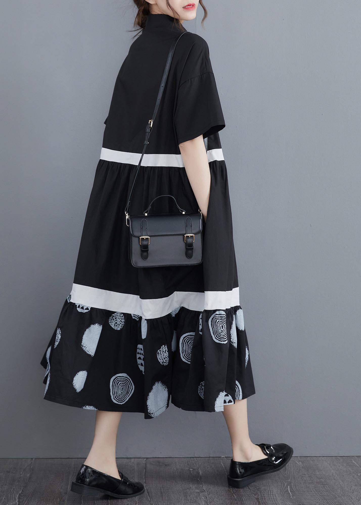 Stylish Black Print Cotton Patchwork a Line Summer Long Dress