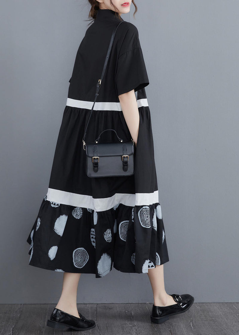 Stylish Black Print Cotton Patchwork a Line Summer Long Dress